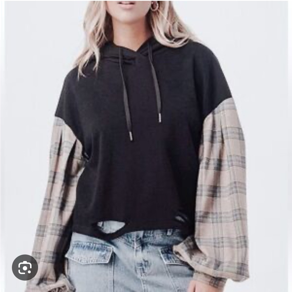 Dance and Marvel Plaid Sleeve Black Hoodie Top